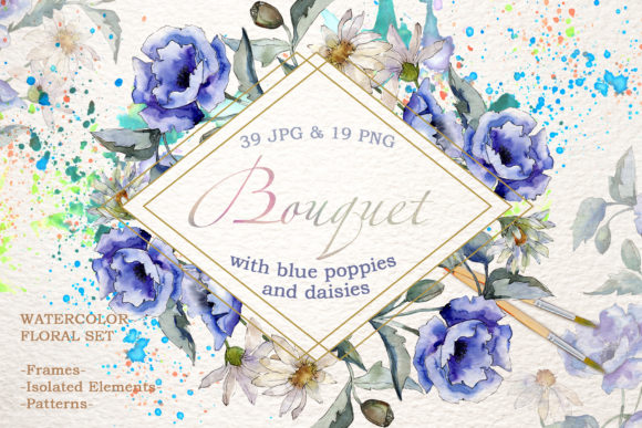 Download Bouquet with Blue Poppies and Daisies Watercolor - Bouquet Collection