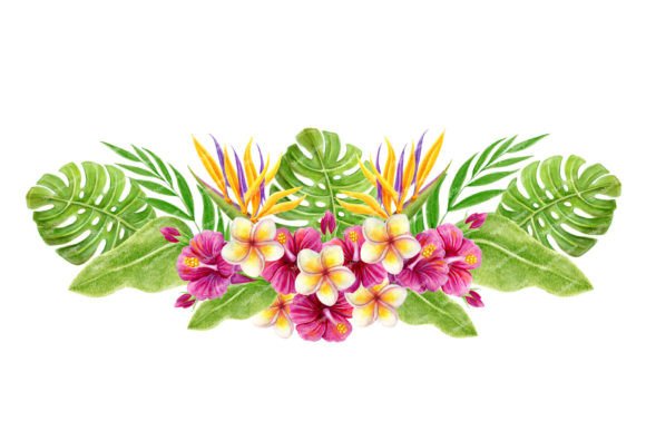 Download Tropical Flowers Palm Leaves Bouquet PNG - Bouquet Collection