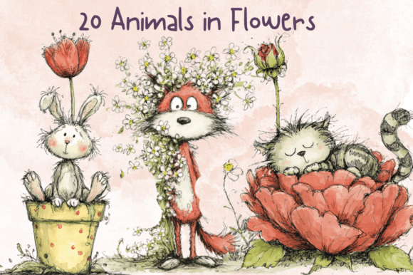 Download Whimsical Animals in Flower Clipart Set - Clip Collection