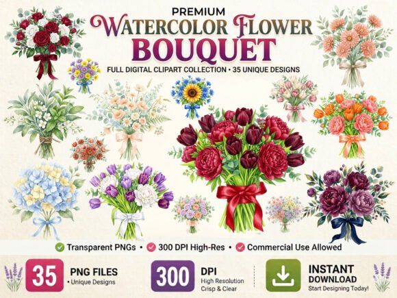 Download Watercolor Flower Bouquet Clipart Bundle - Clip Collection