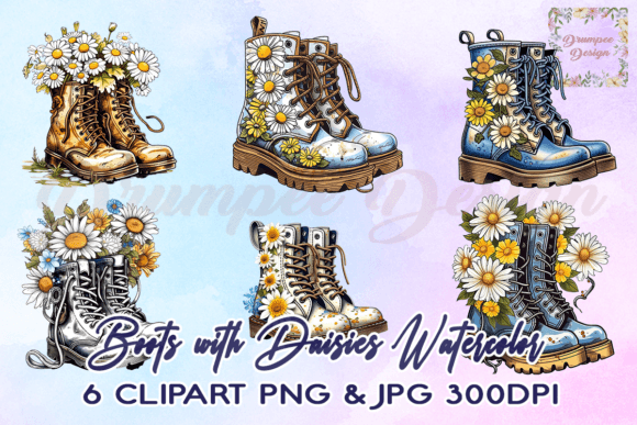 Download Boots with Daisies Watercolor Clipart - Clip Collection