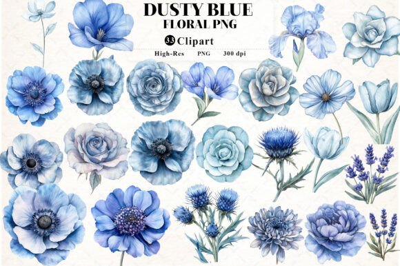 Download Dusty Blue Watercolor Floral Clipart - Clip Collection